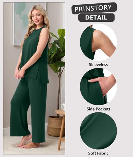Image of PrinStory Womens Pajamas Sets 2 Piece Soft Pjs for Women Sleeveless Pajama Set Summer Loungewear with Pockets