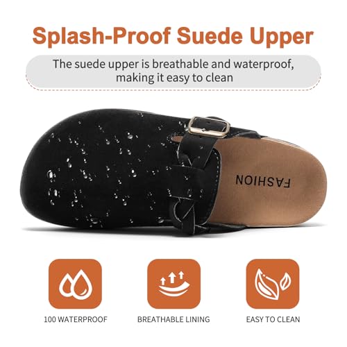 Women's Suede Clogs Mens Leather Mules Comfort Cork Footbed Sandals with Arch Support and Adjustable Buckle3