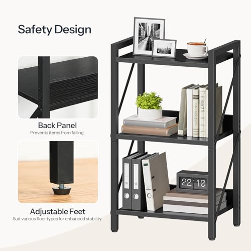 Image of HOOBRO Bookshelf, 3-Tier Industrial Bookcase, Book Shelf Storage Organizer, Small Bookshelf with Metal Frame for Living Room, Bedroom, Home Office, Kitchen, Black BB71SJ01