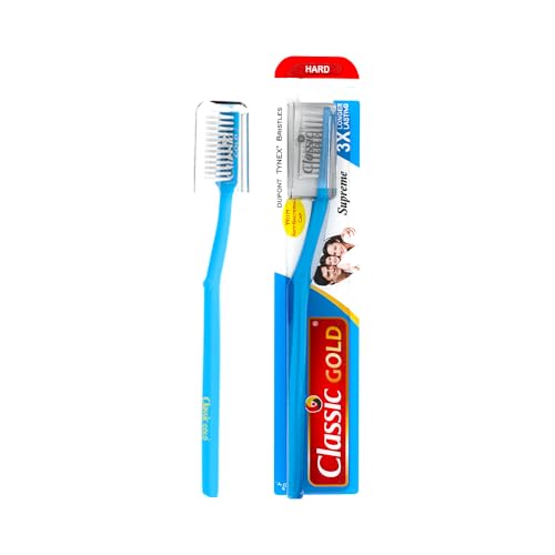 Image of Classic Gold Supreme Manual Toothbrush for Adults | With Hard Dupont Tynex Bristles for Healthy Gums and Anti Bacterial Cover Cap | Pack of 12 Pieces - Multicolor