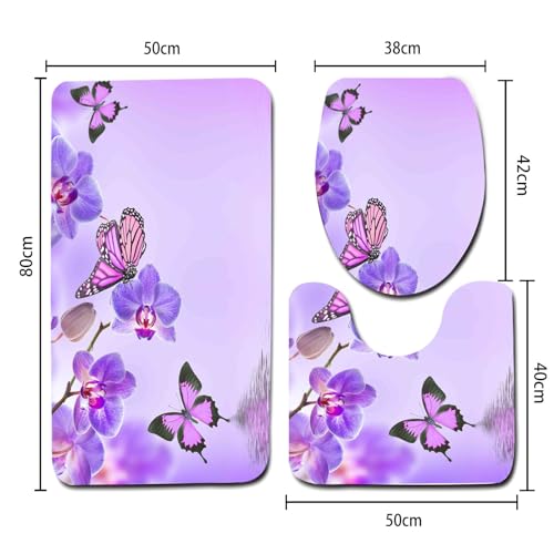 rutschfeste Badematte Sets Lila Rosa Schmetterling 3-Teiliges Badezimmerteppich-Set Weich Badteppich Schnell Trocknend Badvorleger mit WC Deckelbezug – Bild 3