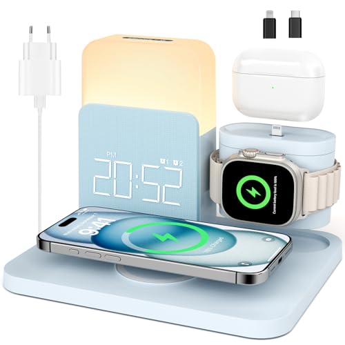 COLSUR Caricatore 5 in 1 Wireless per Apple Stazione di Ricarica Rapida per iPhone 17/16/15/14 AirPods iWatch Samsung Lampada da comodino touch senza fili 3 funzioni sveglia stazione di ricarica 15W