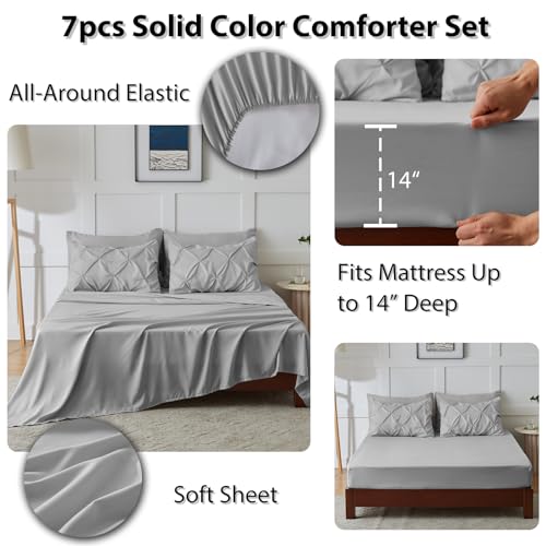 CozyLux Queen Comforter Set Light Grey, 7 Pieces Pintuck Bed in A Bag, Premium Gray Comforter Queen Size, Pinch Pleat Bedding Sets with Comforter, Sheets, Pillowcases & Shams