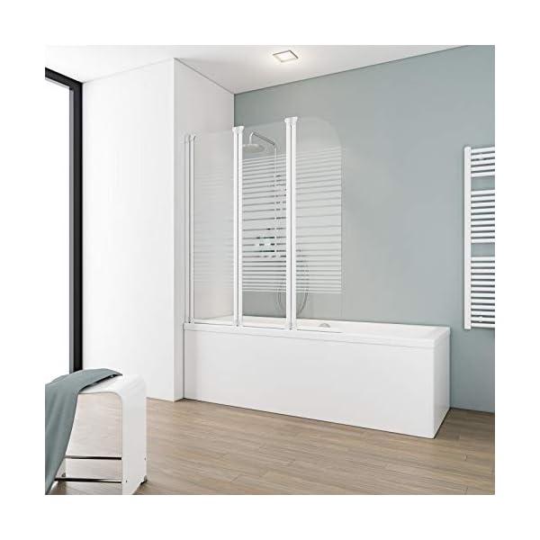 Schulte Badewannenfaltwand Komfort, 125 x 140 cm, 3 mm Sicherheitsglas (ESG) Dekor Querstreifen, Alpinweiß, Duschabtrennung für Badewanne, Duschwand mit Teilrahmung EP1654 04 72 – Bild 3