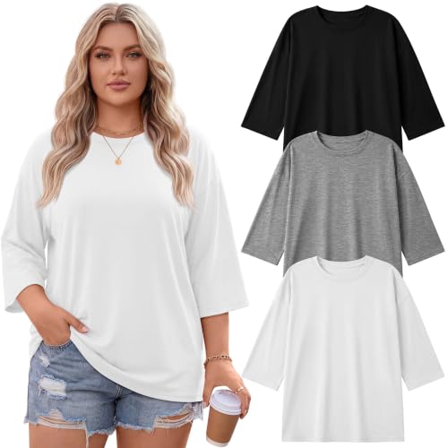 Image of Locoowai 3 Pack Women Plus Size Tops 3 /4 Sleeve Cotton Crew Neck Oversized T Shirts Loose Fit Tee Tunic Casual Blouse