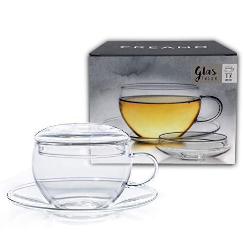 Creano Taza de Vidrio con Platillo y Tapa, Práctica para los Tés de Floración, ExqusiTea, Capuchino, Latte Macchiato…