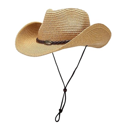 Image of Straw Cowboy Hats Western Cowgirl Hat for Holiday Woven Beach Sun Hat with Shapeable Wide Brim Cowboy Hat for Women /Men