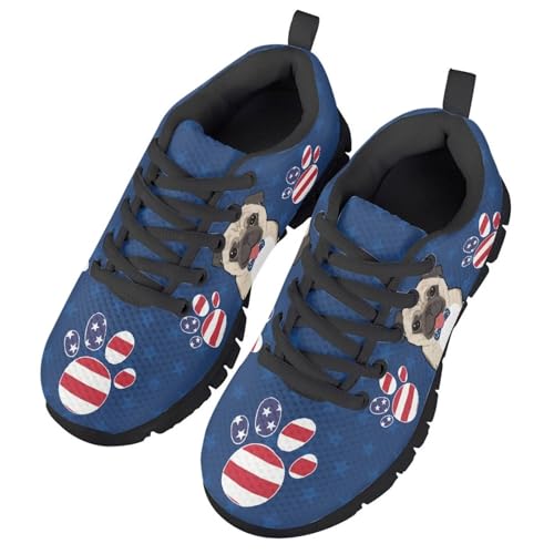 Suobstales Pug Dog Print Kids Sneakers for Boys Girls Paw American Flag Lightweight Running Shoes Breathable Walking Shoe Sport Tennis Athletic Footwear,Size 123