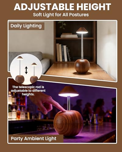 Tumbler Table Lamp with Remote, Cordless Touch Bedside Lamp, Rechargeable USB Small Lamp for Nightstand, LED Dimmable Mushroom Design Night Light for Nursery, Bedroom (Walnut) — view 4