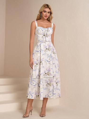 KUTUMAI Floral Corset Midi Dress Lace Up Cutout Flowy Summer Wedding Guest Dresses for Women Sundress with Pockets2