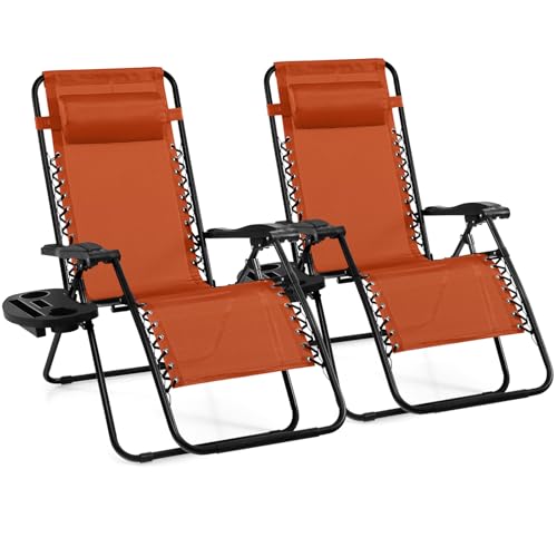 Image of Giantex 2 PCS Zero Gravity Chair, Outdoor Chaise Lounge with Cup Holder, Patio Folding Chairs Recliner for Yard Pool Lawn Balcony, Orange