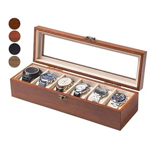 Exper City Watch Box, Watch Case for Men Women with Large Glass Lid, Wooden Watch Display Storage Box with 6 – Slots, Walnut Mens Watch Box Organizer for Christmas Gift