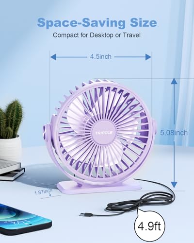 TriPole Desk Fan for Home, Portable USB Handheld Fan 3 Speeds Powerful Table Fan Silent, 360°Adjustable Mini Cooling Fans, Electric small Desktop Quiet Fans for Bedroom, Office, Library, Travel,Purple - Image 5