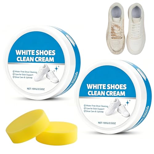 LustraBloom 2PCS White Shoe Cleaner Cream, Multipurpose No-Wash Cleaning Solid Paste, MultiFunctional Sneaker Cleaner with Sponge Removes Stains for Sneakers