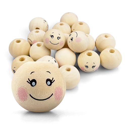 Netuno 17 x Holzkugeln mit lachendem Gesicht smiling face 20 mm x 18 mm Holz K&ouml;pfe Engelskopf Natur Bastel-Perlen f&uuml;r Makramee Deko-Kugeln mit Augen zum Basteln Schmuck Holzperlen mit Loch rund