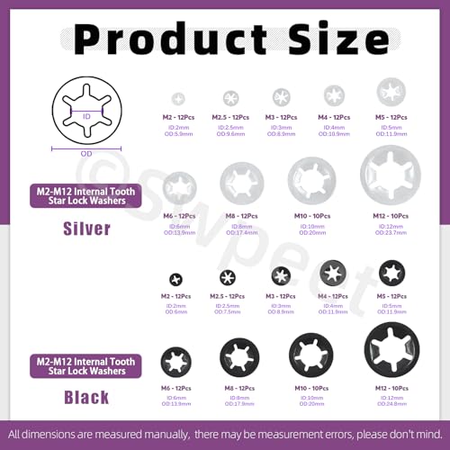 Swpeet 208Pcs 9 Größen 304 Edelstahl + Manganstahl Innenzahn Sicherungsscheiben mit Pinzette Kit, M2 M2.5 M3 M4 M5 M6 M8 M10 M12 Feder Push On Sicherungsmuttern Speed Clips Halteklammern