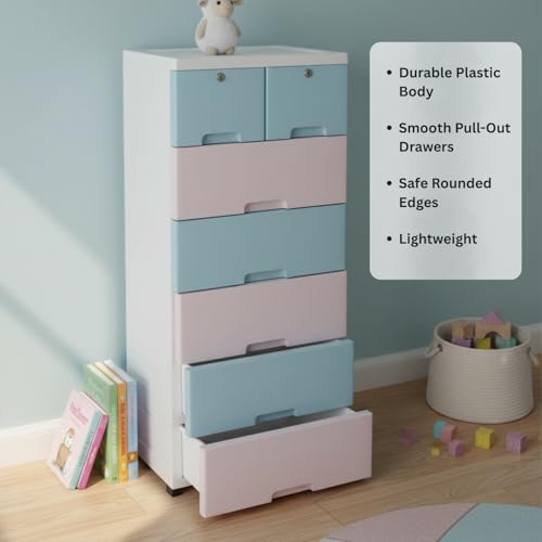 Image of The Tickle Toe Plastic Chest of 7 Drawers for Kids | Multipurpose Organizer with 2 Locks | Portable Wardrobe Cabinet for Clothes & Toys | Glossy Finish | 51L x 33W x 121H cm | 4 Blue & 3 Pink
