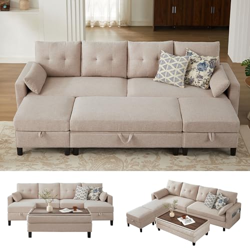 Pingliang Home 101' Convertible Sectional Sofa with Ottoman Coffee Table, Modern Linen Fabric U-Shaped Couch with Storage Pocket, 4 Seat Sofa Couches for Living Room, Apartment, Office, Beige