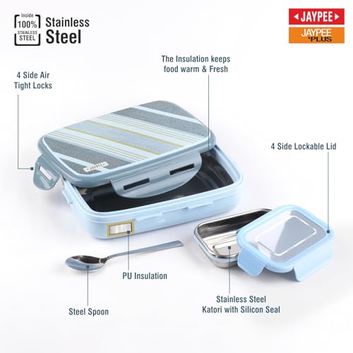 Image of JAYPEE Ecosteel Sr. Inner Stainless Steel Insulated Lunch Box for School Kids |Airtight Leakproof Tiffin Box for Kids |Food Grade|BPA Free, 550 ml, Blue