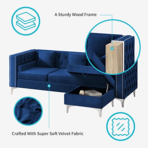 Cecer Sofa, 3 Pieces Velvet Sofa Set With Cushion, Loveseat Sofa- Oversize Sofa Couch With Storage Ottoman, Couches For Living Room, Apartment, Office, Blue Sofa #TOP4