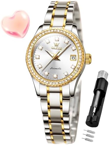 OLEVS Womens Automatic Watch Diamond Fashion Luxury Dress Mechanical Self Winding Stainless Steel Ladies Wrist Watches for Women Luminous Waterproof White7003