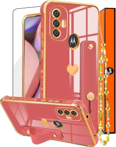 Likiyami (3in1 for Motorola Moto G Power 2022 Case Heart Women Girls Girly Cute Luxury Pretty with Stand Phone Cases Red and Gold Love Hearts Aesthetic Cover+Screen+Chain for Moto G Power 2022 6.5"