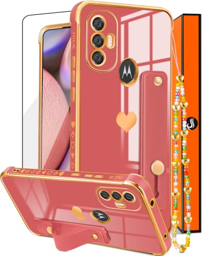 Likiyami (3In1 For Motorola Moto G Power 2022 Case Heart Women Girls Girly Cute Luxury Pretty With Stand Phone Cases Red And Gold Love Hearts Aesthetic Cover+Screen+Chain For Moto G Power 2022 6.5" #TOP2