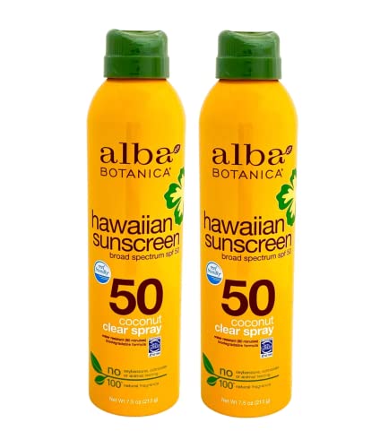 Alba Botanica Reef Friendly Biodegradable Hawaiian Sunscreen 7.5oz 2-pack, Broad Spectrum SPF 50, Coconut Clear Spray, Water Resistant (80 minutes)