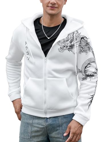 Floerns Men's Causal Graphic Print Long Sleeve Zip Up Drawstring Thermal Hoodies Sweatshirt With Pockets