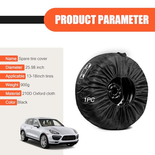Image of Spare Tire Cover, Tire Sun-Proof and Anti-Aging Protection Cover for 13 inch-18 inch Wheel, 26 inch Fully Wrapped Portable Storage Bag with Tool Bag and Handles, for Most Cars Trucks (Black)
