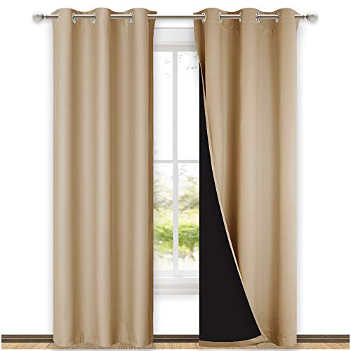 NICETOWN Living Room Completely Shaded Draperies, Privacy Protection & Noise Reducing Black Lined Insulated Window Treatment Curtain Panels for Patio
