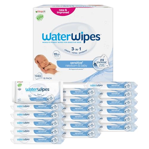 WaterWipes Sensitive+ Newborn & Baby Wipes 1080 Count (18 Packs) 3-In-1 Cleans Cares Protects 99.9% Water Unscented