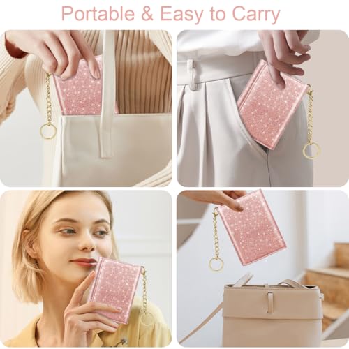 Image of Trifold Small RFID Blocking Wallet Pocket Cute Short Slim Sparkling Credit Card Holder Leather Keychain Ladies Mini Purse with ID Window, Glitter Rose Gold