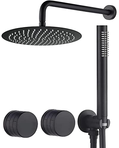 TRUSTMI Sistema de Ducha de 12 pulgadas con Doble Manija y Válvula Mezcladora, Acabado Negro Mate | Sistema de ducha de latón macizo con doble manija para lluvia y ducha de mano. Incluye válvula mezcladora anti-quemaduras para seguridad. miniatura 1