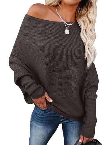Image of ANRABESS Womens Off Shoulder Sweaters 2026 Fall Long Batwing Sleeve Loose Fit Knit Tops Casual Pullovers Jumpers