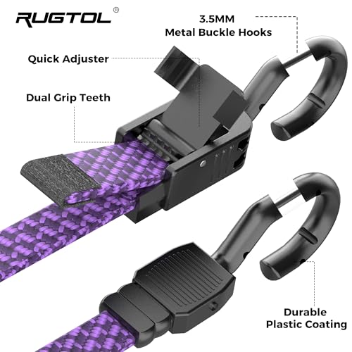 Image of Rugtol Bungee Cords with Hooks, 48 Inch Adjustable Flat Bungee Straps with Quick Release Buckle, Black Purple Heavy Duty Elastic Cords with Metal Hooks for Bike Rack, Camping, Outdoor, Tarp, 6 Pack