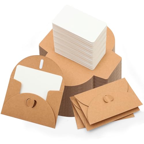 Omtofo 100 Pièces Mini Enveloppe Avec 100 Cartes Vierges, 10.5×7cm Kraft Petite Enveloppe, Mini Enveloppes Avec Fermeture Coeur Pour Cartes Cadeaux, Bricolage,...