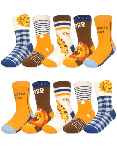 Kyopp 10 pares de calcetines para niños y niñas, divertidos calcetines de algodón, calcetines divertidos para invierno/verano, 8016-Guapo León, 21-24
