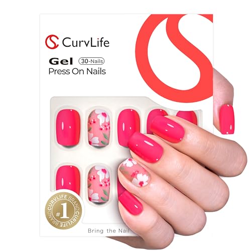 CurvLife Short Square Floral Press On Nails, Bloom Hot Pink, Soft Gel