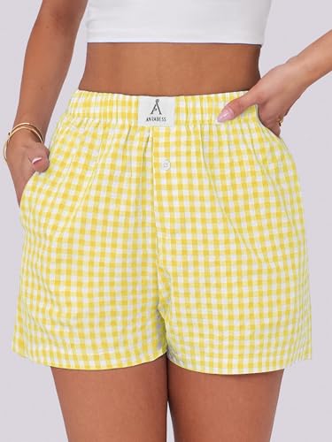 Image of ANRABESS Boxer Shorts for Women Gingham Pajama 2026 Summer Casual Lounge Sleep Plaid Shorts Y2K Beach Bottoms