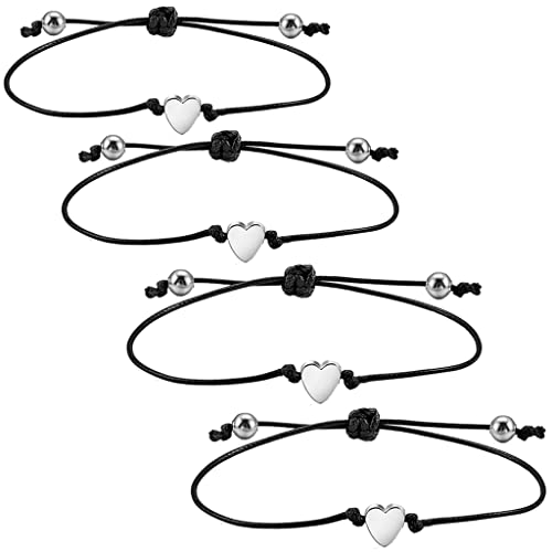 Conruich Lot de 4 bracelets d'amitié en argent avec cœur - Pour filles et femmes - Réglables - Fait à la main - Pour meilleure amie, anniversaire, Noël Cover