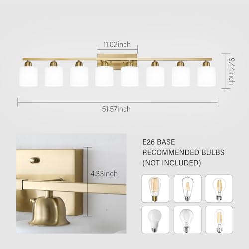 Image of 8 Light Bathroom Light Fixtures Gold for Big Mirror, Brushed Gold Vanity Lights for Bathroom with Milky White Frosted Glass Shades, 51 inch Wall Sconce for Mirrors Living Room Bedroom