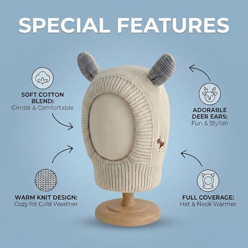 Image of Kraptick Winter Warm Ear Protection Knitted Woolen Unisex Baby Cap with Cute Animal Ears, Soft Fleece Lined Knit Hat with Ear Flaps, Stretchable Monkey Cap for Cold Weather -1