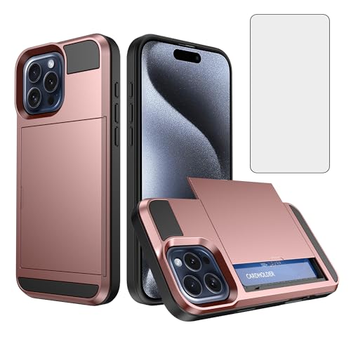 Coque iPhone 15 Pro avec porte-carte et vitre de protection antichoc or