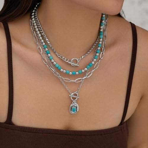 Todu 4PCS Boho Western Necklace for Women Turquoise Beaded Cactus Horseshoe Chunky Layered Stack Pendant Necklace Western Country Concert Jewelry for Cowgirl Cowboy - 2
