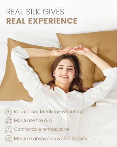 THXSILK 100% Mulberry Silk Pillowcase for Hair and Skin, Grade 6A+ Mulberry Silk Pillow Case, Hypoallergenic Pillow Case with Zipper, 1pc(California King Size 20"x40", Metallic Gold)