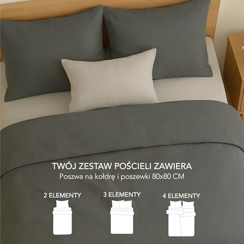 Zestaw pościeli Dreamzie 135x200 ze wzmocnionej bawełny - Ciemno Szary - 2x poszewka na kołdrę 135x200 i 2x poszewka na poduszkę 80x80 cm - certyfikat Oeko-Tex - 4 sztuki