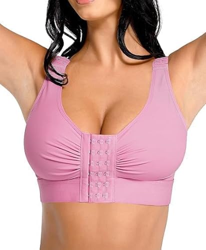 FeelinGirl Front Closure Post Surgery Bra with Adjustable Straps for Breast Reductions Augmentation Surgical Compression Bra Pink S