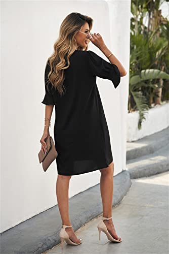 Les Umes Womens V Neck Short Sleeve Shift Dress Casual Summer Loose Flowy Tunic Shirt Dresses Black S #TOP3