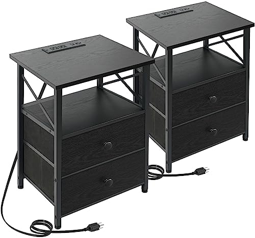 AMHANCIBLE Black Nightstands Set of 2 with Charging Station, End Tables Living Room with 2 USB Ports and 2 Outlets, Side Tables Bedroom with 2 Drawers HET05XBK